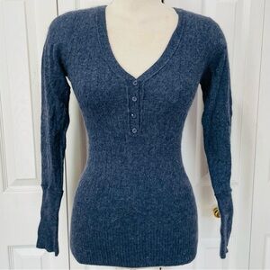 Aphorism Navy Blue Lambs Wool V-Neck Henley Cable Knit Sweater